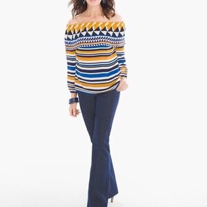 Chico's Off-Shoulder Geometric Striped Blouse - Blue, Yellow, White Size 0